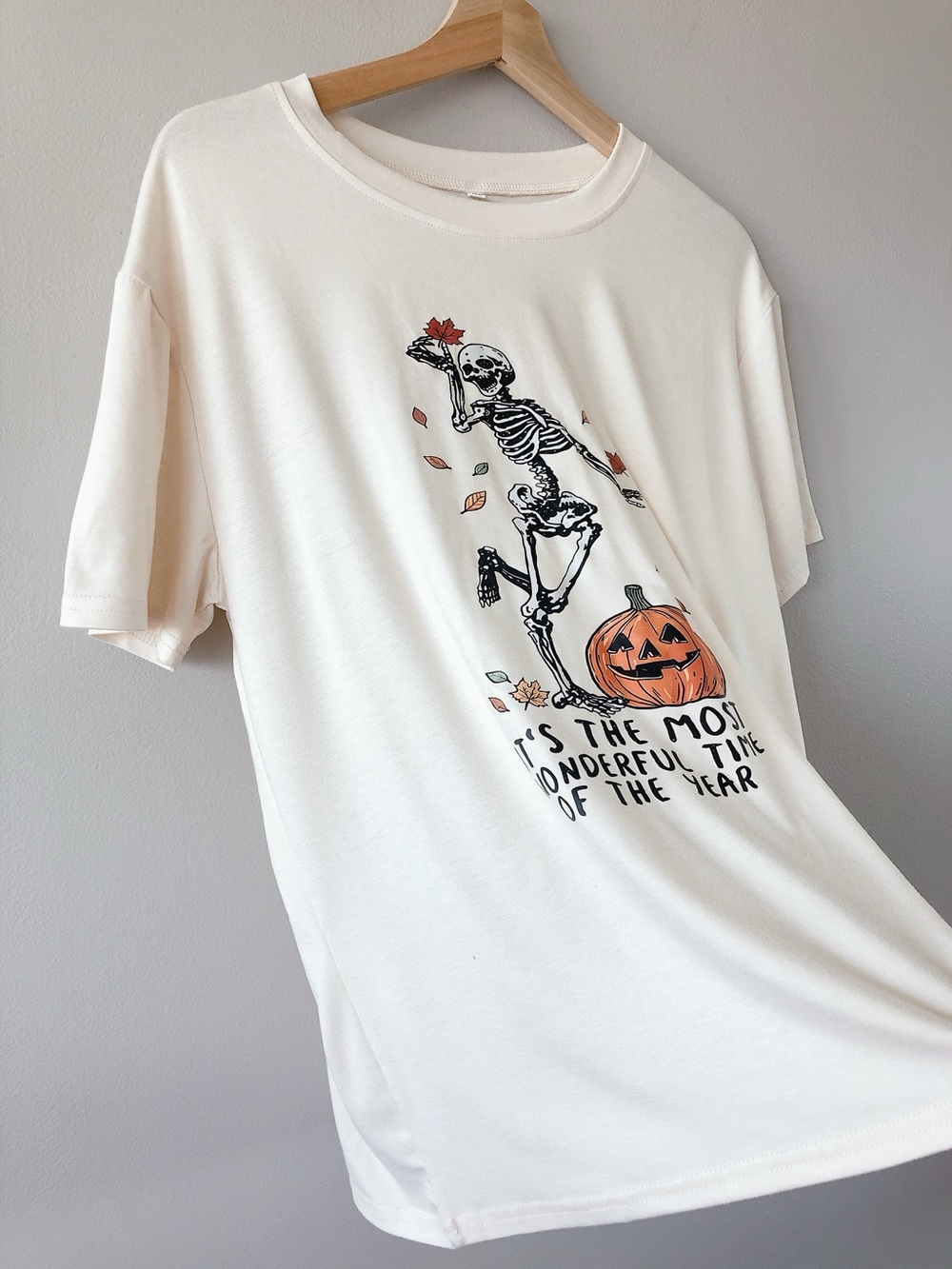 Oversized tshirt Halloween Skeleton Pumpkin Graphic Tee cream XL - Picture 2 of 13